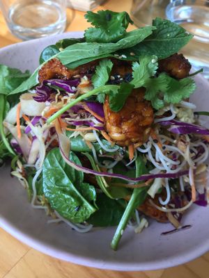 Tempeh rice noodle salad  at Momo Wholefood in Newcastle