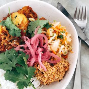 local smoky eggplant curry  at Momo Wholefood in Newcastle