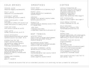 Menu drinks ! at Momo Wholefood in Newcastle