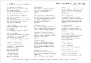 Food menu at Momo Wholefood in Newcastle