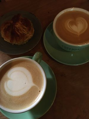 Lattes with oat milk. We did not ask if the cardomom roll was vegan. Everything we are here was delicious and vegetarian but not vegan.  at Copenhagen Coffee Lab - Alfama in Lisbon