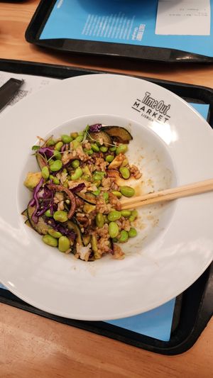 Poke bowl. Rice edamame and available mostly. It was supposed to be spicy but I'd say it's mild. at Time Out Market in Lisbon