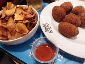 Vegan Croquettes (curried peanut and chickpea, delicious!) at Time Out Market in Lisbon
