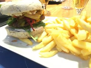 Vincent Farge’s vegan burger (beyond?) with fries   at Time Out Market in Lisbon