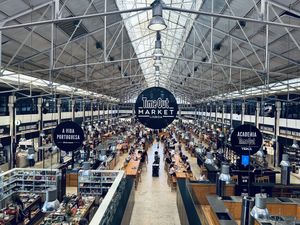 A view of the market from the second floor restaurant. Asian Lab is on the right towards the back    at Time Out Market in Lisbon