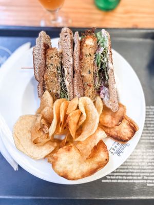 Vegan burger with Portuguese quinoa, sweet potato and chickpeas with a side of air fried chips!  at Time Out Market in Lisbon