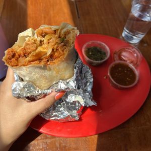 vegan burrito with soya pastorr  at Super Cucas in Santa Barbara