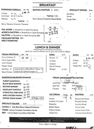 The menu. Be careful, the fish is the only thing that’s not vegan!!  at Natural Blend in Brooklyn