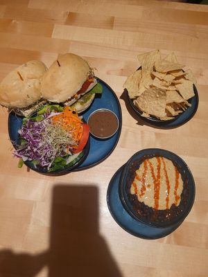 Vegan sandwich with side salad and black bean hummus at The Tomato Head - downtown in Knoxville