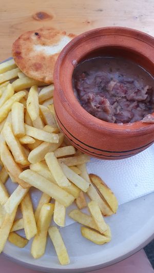 Lobio, mchadi and fries. at Caffe Restaurant Kazbegya in Stepantsminda