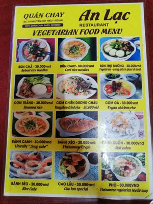 menu card at Quan An Lạc Vegetarian Food in Quang Nam