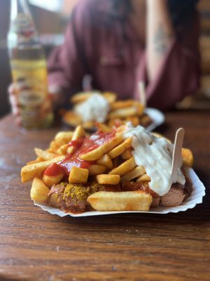 Vegan curry wurst (fries and mayo are both vegan)  at Gute Nacht Wurst in Munich