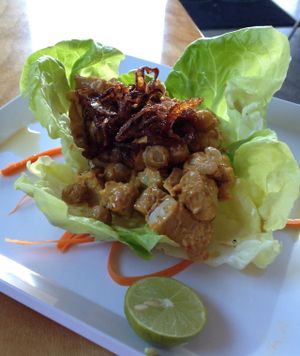 Sesame Chicken in a curry mayo w/ garbanzo friti atop butter lettuce (happy hour special only; not on regular menu) - DELICIOUS!  at Green New American Vegetarian in Phoenix