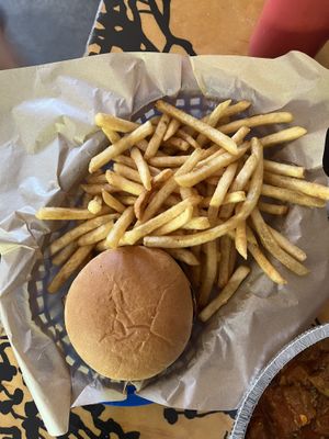 Classic burger and crispy  thyme fries  at Green New American Vegetarian in Phoenix