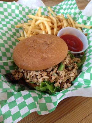 Crazy Sexy Cool Spicy Chicken Salad Sandwich (it was a special; it's not currently on the regular menu)

'Grilled gluten free chicken salad (made with TLC) grilled jalapeños, lettuce and tomatoes on a toasted gluten free Bun! '  at Green New American Vegetarian in Phoenix