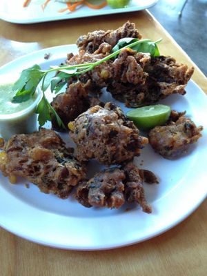 Spicy Zydeco fritters, with an amazing, candilicious sauce at Green New American Vegetarian in Phoenix