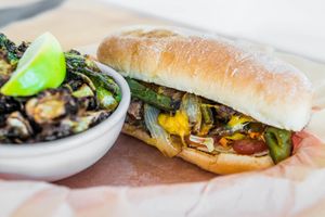 Chicago Cheesesteak with a side of Fried Brussels at Green New American Vegetarian in Phoenix