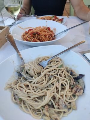Both vegan pasta dishes at Hello Bello in Poros
