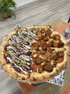 14” half Jackfruit BBQ and Meatless Love. Amazingly delicious pizza! These were great choices!  at Plant Pizza in Cooper City