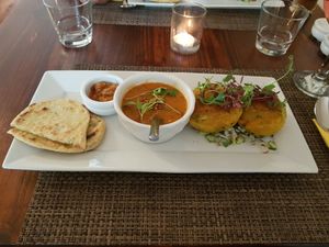 Sweet potato cakes with dhal at The Bean Inn in St Ives