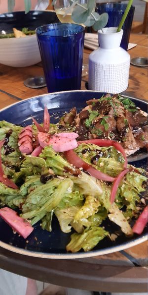 Pancake Sale - buckwheat pancake with beetroot humous and shitake mushrooms, with side salad at Hododa in Marseille