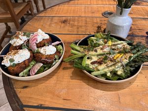 Sweet potatoes "beignets" with a wonderful sour cream and asparagus with "hollandaise"  at Hododa in Marseille