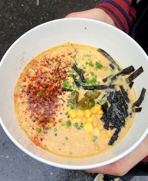 Vegan cashew cheese ramen with fried marinated Armenian jalapeño, corn, nori and chives at 2022_place - Pop Up in Yerevan