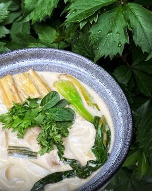 Vegan Tom Kha with rice noodles, oyster mushrooms, yuba and bok choy at 2022_place - Pop Up in Yerevan