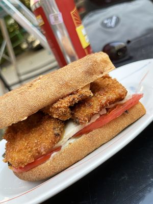 Sandwich with crispy eggplants, tofu, fresh veggies and sauces at 2022_place - Pop Up in Yerevan