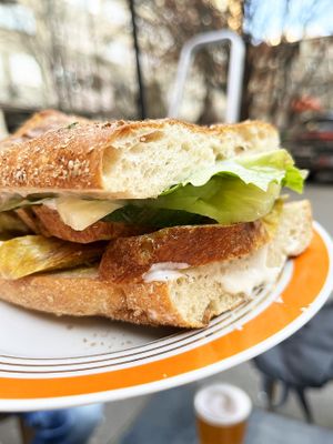 Max sandwich with curry "chicken" seitan, aioli, pineapple and lettuce. Highly recommend!  at 2022_place - Pop Up in Yerevan