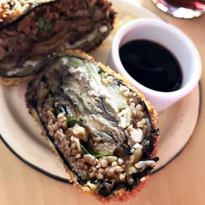 Crispy Onigirazu with fried marinated eggplant, the yummiest Asian style vegan dish in Yerevan at 2022_place - Pop Up in Yerevan