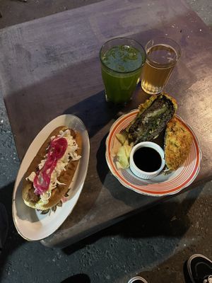 Hot dog classic, unagi eggplant, lemonade and kombucha  at 2022_place - Pop Up in Yerevan