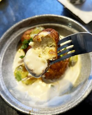 Soooo good! Special tofu syrniks with vegan mushroom "umami condensed milk" from Farming Utopia , cucumber marmalade, soy-coconut cream and fresh mint. at 2022_place - Pop Up in Yerevan