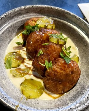 Special tofu syrniks with vegan mushroom "umami condensed milk" from Farming Utopia , cucumber marmalade, soy-coconut cream and fresh mint  at 2022_place - Pop Up in Yerevan