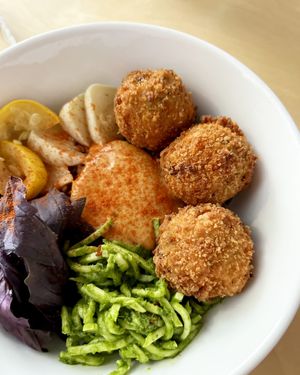 Tofu-miso-broccoli croquettes: chimichurri-zucchini pasta, pickled squash and celery stalks, mix of rice and smoked aioli sauce at 2022_place - Pop Up in Yerevan