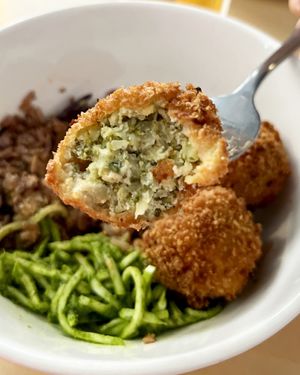 Tofu-miso-broccoli croquettes: chimichurri-zucchini pasta, pickled squash and celery stalks, mix of rice and smoked aioli sauce at 2022_place - Pop Up in Yerevan