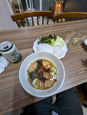 Noodle with vegan grilled pork, patties and vegan fish sauce at Lian Hua Vegetarian in Hanoi