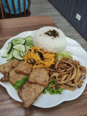 Rice, pork and meatloaf dish at Lian Hua Vegetarian in Hanoi
