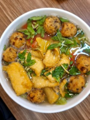 Noodle Sour Soup with Vegan Meatball, Tofu and Vegetables at Lian Hua Vegetarian in Hanoi
