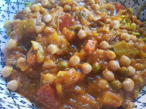Vegan Jhal Misti with added chick peas and nut pilau rice at Spice Station in South Shields