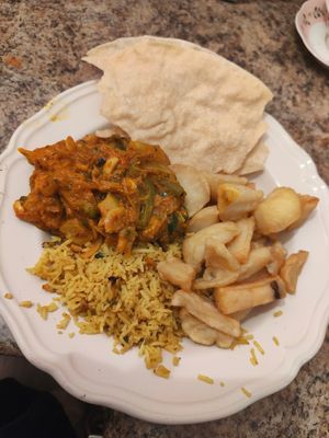 Garlic chilli veg curry, garlic rice, chips n poppadom 🥰 at Spice Station in South Shields