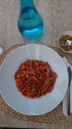 Tagliatelle di farro con sugo di piselli e straccetti vegetali at RistoVegan at Hotel Sylva in Cattolica