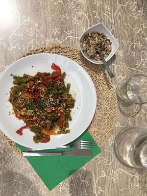 Peas fusilli pasta with roasted veggies and peanuts sauce at RistoVegan at Hotel Sylva in Cattolica