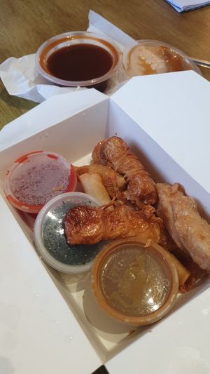 The combo box with drumsticks, spring rolls, wonton and chickn skewers at Wawin Vegan Chinese in Nottingham
