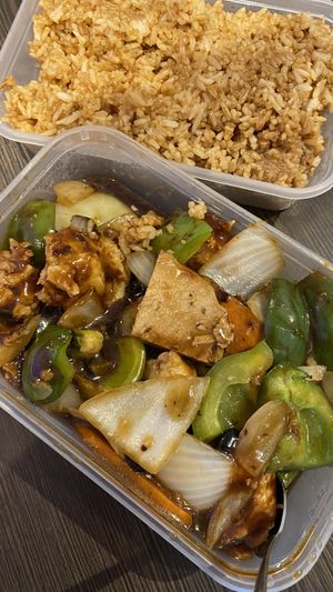 fried rice and black bean sauce   at Wawin Vegan Chinese in Nottingham