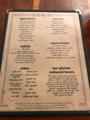Gluten Free menu at People's Pint in Greenfield