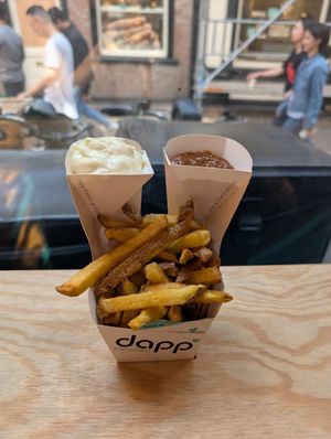 Vegan mayo and sambal (too salty!!) at Frietwinkel in Utrecht