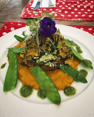 Prato do dia Burguer de Painço, purê de moranga, ervilhas da estação, pesto e kale chips   at La Rouge in Porto Alegre
