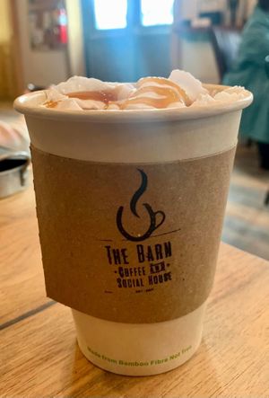 Caramel oat milk latte with coconut whip!   at The Barn in Bridgewater