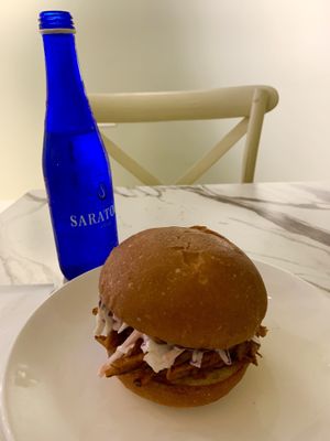 BBQ “chick’n” sandwich…tiny… and fancy-shmancy water  at Garden Carver in Brooklyn